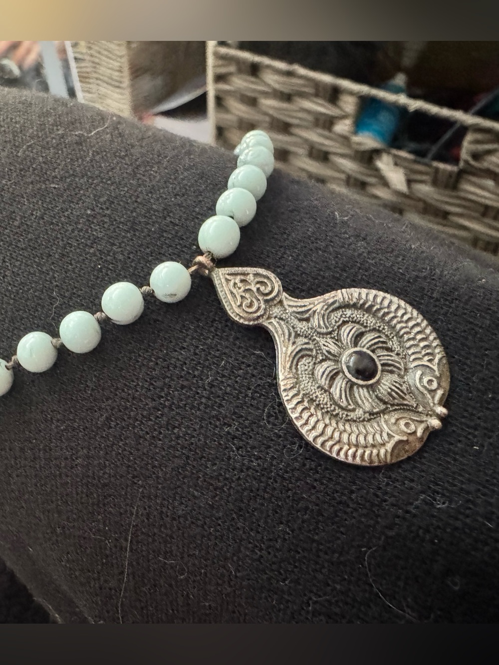 Boho Pale Green Beaded Necklace with Ornate Silver-Tone Peacock Pendant